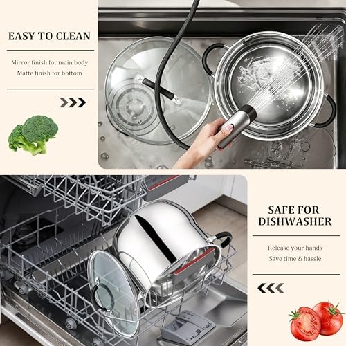 E-far 10 Quart Stock Pot, Stainless Steel Pot for Cooking Soup Simmering Stew, Tall Induction Pot with Visible Lid, Large Pot w/Tri-Ply Base & Dual Heat Proof Handles, Non-Toxic & Dishwasher Safe