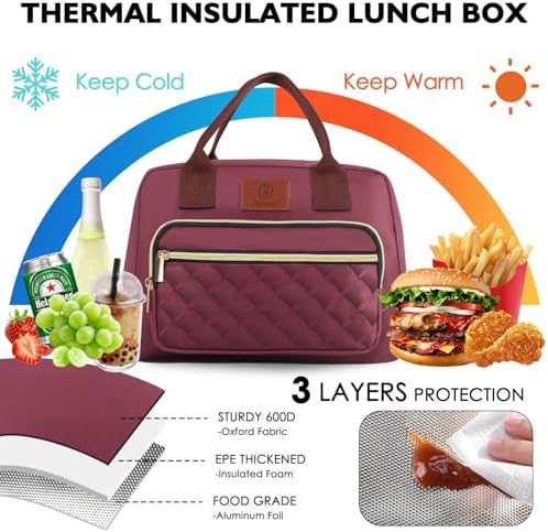 Genteen Lunch Box for Women,Insulated Adult Lunch Boxes,Reusable Cute Lunch Bags for Work,High Capacity Tote for Work, Cooler Bag for Girls Office Travel Picnic School-Red