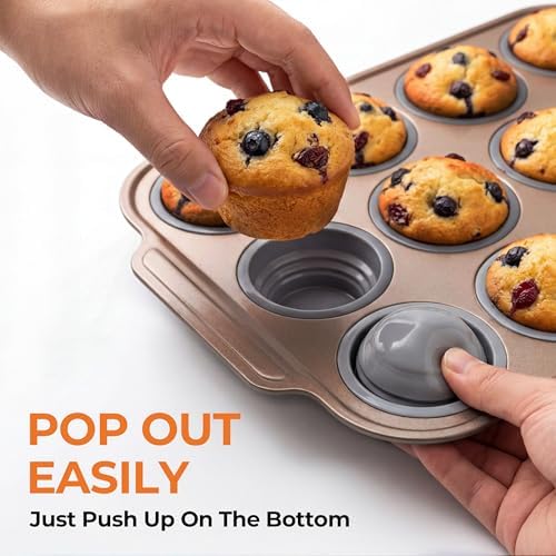 12-Cup Collapsible Silicone Muffin Pan with Metal Frame & Spatula - Space Saving Foldable Cupcake Tray - Easy Release Baking Mold for Egg Bites, Muffins & Tart - Dishwasher Safe Grey