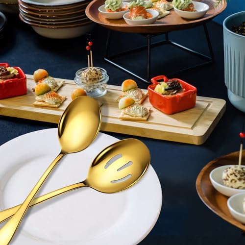4 PCS Serving Spoons Set, 10-Inch, Includes 2 Large 2 Slotted Gold