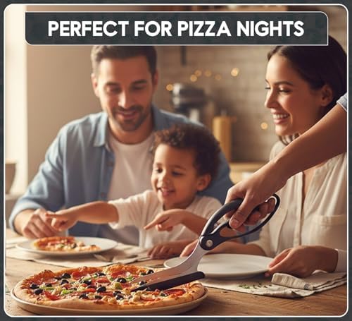 Pizza Scissors with Non Stick Slice Server. Sharp Pizza Cutting Without Topping Mess.Firm Grip, Food Grade Stainless Steel Pizza Cutter. Dishwasher Safe. 4 in 1 Kitchen Scissors (Black Spatula)