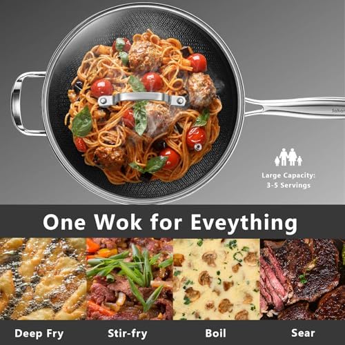 SAKAMOSH Hybrid 12inch Wok with Lid, Stainless Steel Woks & Stir-Fry Pans Nonstick, Non Toxic, PFAS PFOA PTFE Free, Dishwasher and Oven Safe, Works on Induction
