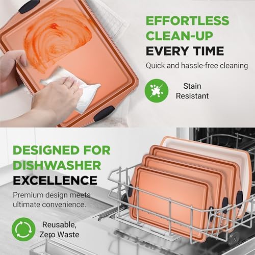 NutriChef 5‑Piece Non‑Stick Bakeware Set – Premium Carbon Steel Baking Pans Set with Silicone Handles, Stackable Oven Pan Set for Cookies, Sheet Cakes, & Roasting
