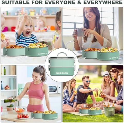 RIKDOKEN Lunch Box, Stackable 2 Layers Containers, Portable 64OZ Large Capacity Leakproof Bento Box with Spoon & Fork & Sauce Boxes, Microwave Safe Lunch Box for Kids and Adults