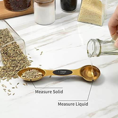 Magnetic Measuring Spoons Set, Stainless Steel, Dual Sided, Stackable, Dual Sided for Measuring Dry and Liquid Ingredients, Fits in Spice Jars, Set of 8(Gold )