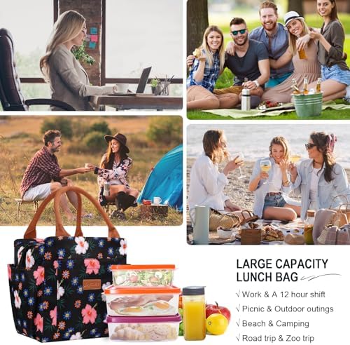 Joymee Insulated Lunch Bag for Women Reusable Leakproof-Black Floral