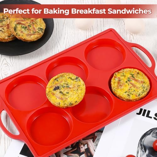 CAKETIME Silicone Muffin Top Pan with Metal Frame, 4 Inch Jumbo Non Stick Round Egg Baking Pan for Oven English Muffins, Whoopie Pies, Corn Bread, Egg Bites, Breakfast Sandwiches Tarts 2 Pack Red
