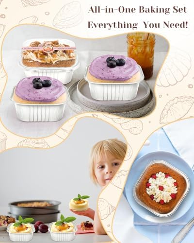 YQER 60 Pack 10oz Mini Cake Pans with Lids, Spoons, Stickers - Disposable Square Brownie Baking Cups - Individual Small Aluminum Foil Loaf Tins for Muffin, Ramekins, Cupcake - White Valentines, Sliver