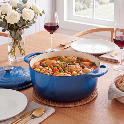 NEWBULIG Cast Iron Dutch Oven, 6 Quart Enamel Dutch Oven Pot with Lid, Heavy Duty Cookware for Sourdough Bread, Braising, Stews, Roasting, Safe up to 500°F, Blue