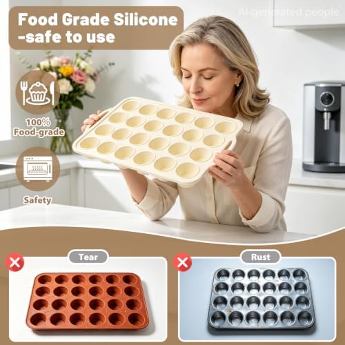 Beige Mini Silicone Muffin Molds: 2 Pack 24 Small Cupcake Mold for Baking