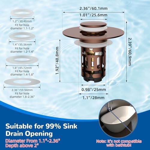 Hibbent 2 PCS Upgraded 3 in 1 Bathroom Sink Drain Strainer, Pop Up Stopper