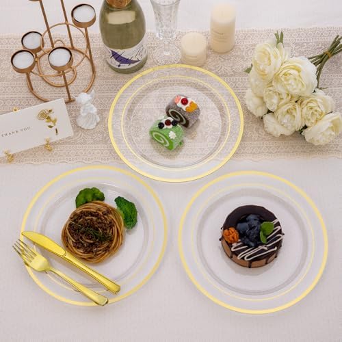 Goodluck 200PCS Clear Gold Plastic Plates, Heavy Duty Disposable Plates
