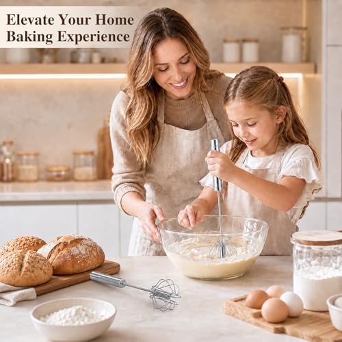 Stainless Steel Semi-automatic Egg Whisk, 2 Pack 7.9in & 11.8in Hand Push Mini Whisk, Effortless Egg Scrambler for Baking Cooking Whisking Beating & Stirring