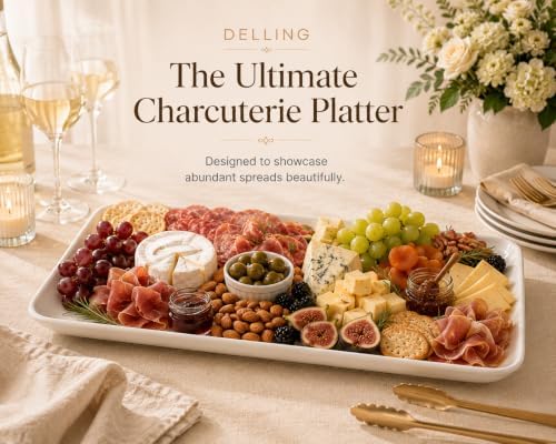 DELLING 18 Inch Large Serving Platter Set of 2, White Porcelain Serving Trays 18" x 12.3", Rectangular Platters for Turkey Fruit Appetizer Party, Oven Microwave Dishwasher Safe, Wedding Entertaining