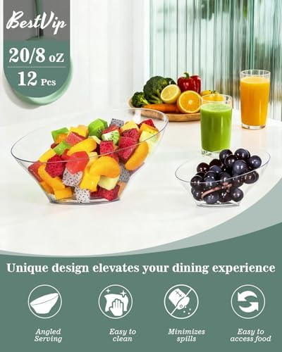 BESTVIP 20 Oz Clear Plastic Angled Serving Bowls, 12 Pack
