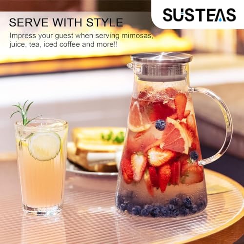 SUSTEAS 2L/68oz Glass Pitcher with Lid and Handle,Carafe for Hot/Cold Water