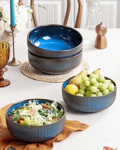 getstar Large Serving Bowls Ceramic Salad Bowl Set of 2, 8 Inch & 60 fl oz, Microwave and Dishwasher Safe, Farmhouse Kitchen Decorative Bowls Set, Embossed Stripes, Vintage Blue