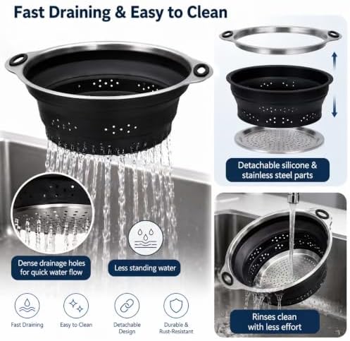 Mejoncb Collapsible Colander – Platinum Silicone Strainer with Stainless Steel Base, BPA-Free & Heat Resistant Kitchen Drain Basket (Black)