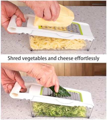 NACOLUS Cheese Grater with Container,5 In 1 Mandoline Slicer for Kitchen,Multi Purpose Vegetable Slicer, Easy to Clean Vegetable Chopper,Cheese Shredder,Julienne Slicer and Peeler
