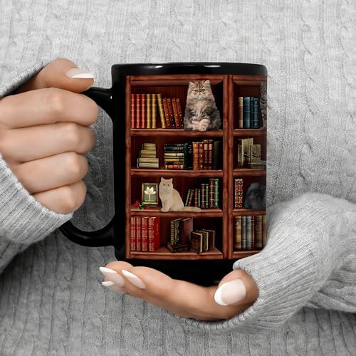 Cat Book Coffee Mug, Library Bookshelf Tea Cup, Black, 15oz