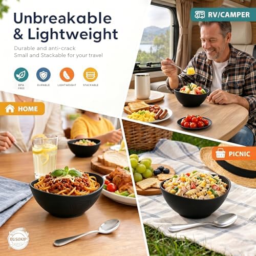 Cereal Bowls Sets of 6, Unbreakable & Lightweight Wheat Straw Bowls 26oz, Alternative to Plastic Bowl for Soup, Fruit, Salad, Microwavable Bowl for Kitchen, Camping, RV, Party - Black