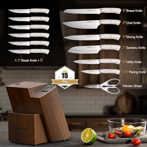 Astercook Knife Set Kitchen with Block and Dual Sharpener Full Tang 15 Pcs German Stainless Steel Knives Dishwasher Safe Utensils Set with Ergonomic Handle, Elegant White