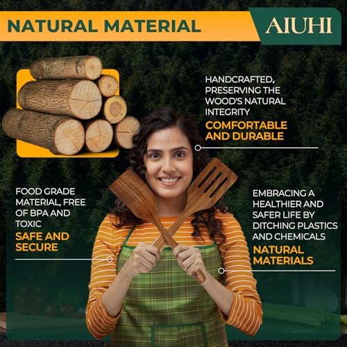 AIUHI Teak Wood Spatula for Cooking, Durable Flat Turner and Slotted Spatula for Nonstick Cookware, Long Handle Natural Wooden Cooking Utensils 2 Pieces