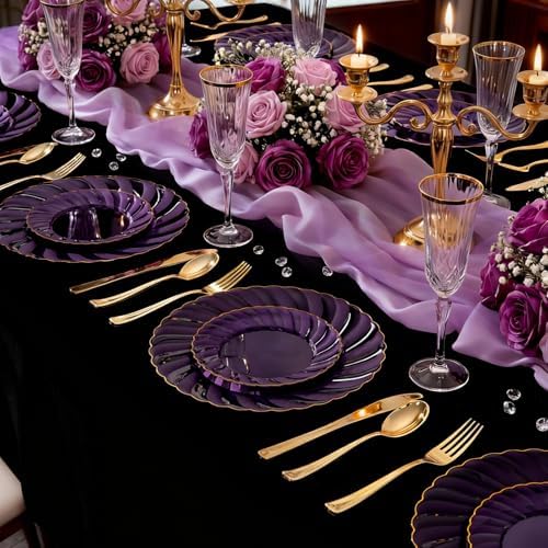 YOUBET 125PCS Clear Purple Plastic Plates with Gold Rim for Wedding