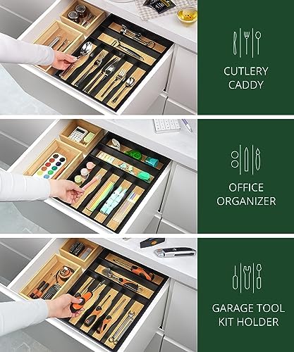 ROYAL CRAFT WOOD Luxury Bamboo Kitchen Drawer Organizer - Silverware Organizer - Utensil Holder and Cutlery Tray with Grooved Drawer Dividers for Flatware and Kitchen Utensils (7 Slot)