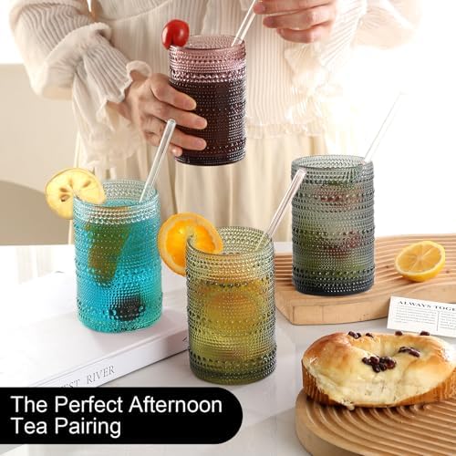 KMIGRUAN 15oz Colored Hobnail Drinking Glasses Set of 6,Vintage Kitchen Glassware, Embossed Beaded Glass Cups,Water Tumbler for Cocktail,Juice and Various Mixed Drinks