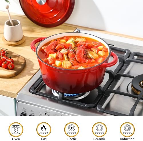 Velaze 7.5 QT Enameled Cast Iron Dutch Oven Pot with Lid,Red