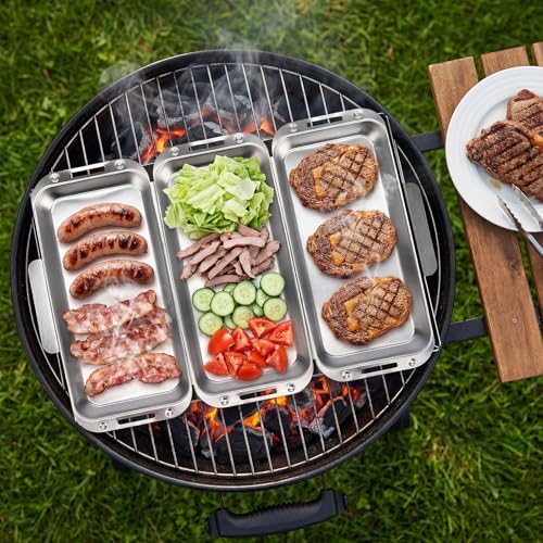 BBQ Vegetable Grill Basket Set, 4 Piece Stainless Steel Grill Pan Set with Universal Handle & lid, Dishwasher Safe, for Outdoor Cooking, Camping, Picnic, For Grilling Fish Veggies & Meats