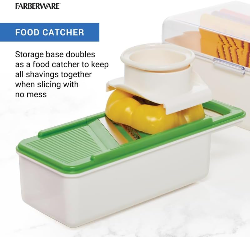 Farberware Pro Mandoline Slicer for Kitchen with Storage Case, 4 Color-Coded Blades, Fine and Coarse Julienne, Grater, Safety Food Holder, Dishwasher Safe