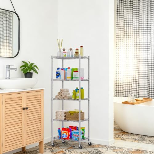 REGILLER 5-Wire Shelving Metal Storage Rack Adjustable Shelves,Standing Storage Shelf Units for Laundry Bathroom Kitchen Pantry Closet(Silver,11.8" D x 16.6" W x 53.5" H,With Wheels)