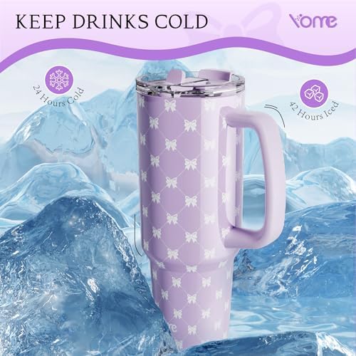 YOME 40oz Purple Bow Tumbler with Handle and Flip Straw | Stainless Steel Insulated Cute Water Bottle | Keeps Drinks Cold | Dishwasher Safe | Cupholder Friendly | Gift Gym Travel Yoga