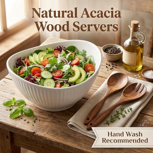 60oz Large Ceramic Salad Bowl with Acacia Wood Utensils, 10" Oval White Serving Bowl for Soup, Pasta, Fruit, Snacks – Mixing Bowls for Entertaining, Party, Kitchen, Dinner – Housewarming Gift