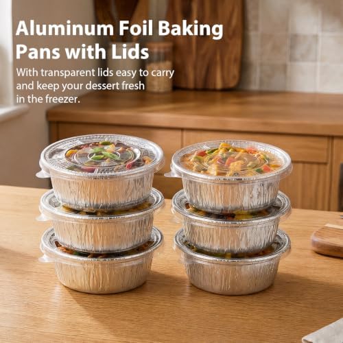 50 Pack Disposable Foil Baking Pans with Lids, 5 Inch Round Aluminum Baking Cups Mini Pie Pans Oven & Air Fryer Safe Foil Tins for Dessert, Individual Pot Pie, Meal Prep Party Wedding