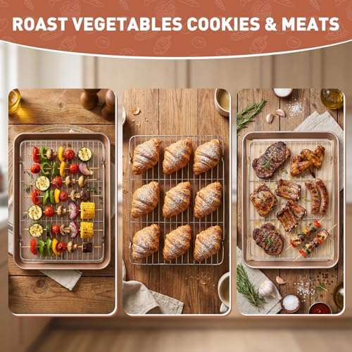 2 Pack Baking Sheets with 2 Wire Racks & 50 Pre-Cut Parchment Papers | Heavy Duty Nonstick Cookie Pans (17.5"x11.8") | Warp-Resistant Oven Roasting Set for Meal Prep & Holiday Gifts