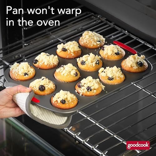 GoodCook MegaGrip 12-Cup Muffin Pan with Silicone Grip Handles Perfect for Cupcakes Durable Heavy-Gauge Steel Construction Scratch-Resistant Nonstick Coating, 15.5x10.5-Inch, Gray (Pack of 12)
