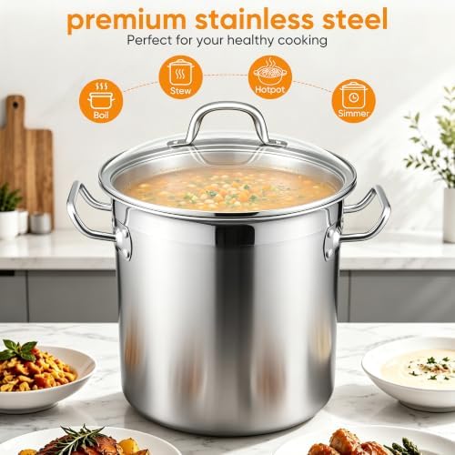 E-far 12 Quart Tri-Ply Stock Pot with Lid, Stainless Steel Cooking Pot