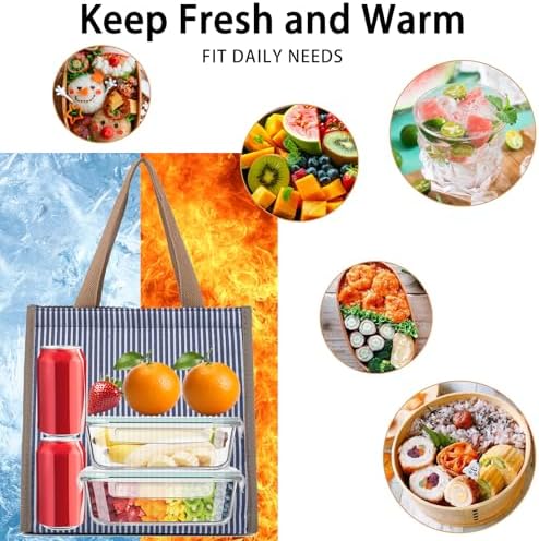 Insulated Lunch Bag for Work, 10.2"x5.9"x10.2" Oxford Waterproof Lunch Tote, Thermal Lunch Box for Office, Picnic & Outdoor, Blue and White Striped Canvas Tote Bag