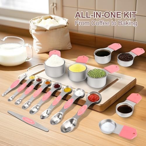 16-Piece Magnetic Measuring Cups and Spoons Set, Stainless Steel, Pink
