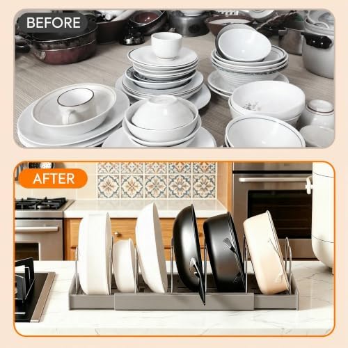2 Pack Expandable Pots and Pans Organizer under Cabinet, Adjustable Pot Lid Organizer Rack with 9 Stainless Steel Dividers, Food Container Lid Holder for Kitchen Countertop Storage (Gray)
