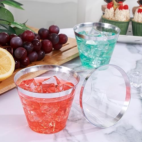 I00000 100PCS Silver Plastic Cups, 9 OZ Disposable Clear Plastic Cups