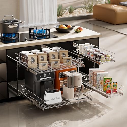 2 Tier Pull Out Cabinet Organizer 9" W X 17" D, Chromed, Full Slide Out