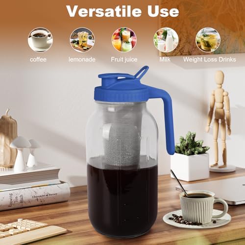 Cold Brew Coffee Maker, 64 oz Mason Jar Pitcher with Stainless Steel Filter, Pour Spout Handle Lid, Heavy Duty Glass Airtight & Leak-Proof for Iced Coffee,Tea & Lemonade