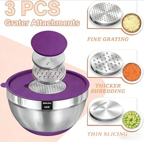 Umite Chef Thickened Heavy-Duty 26pcs Stainless Steel Bowl, Mixing Bowl Set with Lid, Grater Attachment, Colorful Non-Slip Bottom and Kitchen Gadget Set, Sizes 7, 4, 2.5, 2.0, 1.5, 1QT