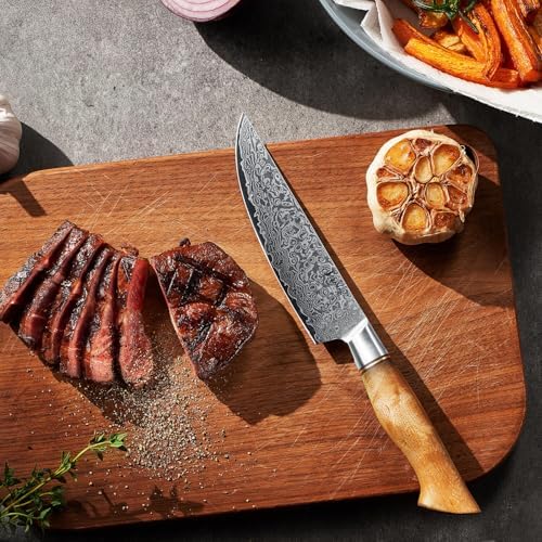 SENKEN 6-Piece Damascus Steel Steak Knife Set - Non-Serrated Steak Knives with Sycamore Wood Handles - The Dynasty Collection - 67-Layer Japanese VG10 Steel (6-Piece Steak Knife Set)