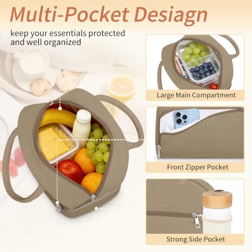 Coobiiya Corduroy Lunch Bag Lunch Box for Women Men, Reusable Cute Lunchbag - Leakproof, Insulated LunchBox Tote with Large Capacity