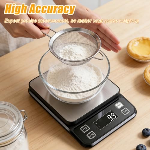 Waterproof Kitchen Scale, 5kg/11lb Food Scale Precisely Measures Grams and Ounces for Baking and Cooking, Stainless Stee Digital Scale with Backlight for Food
